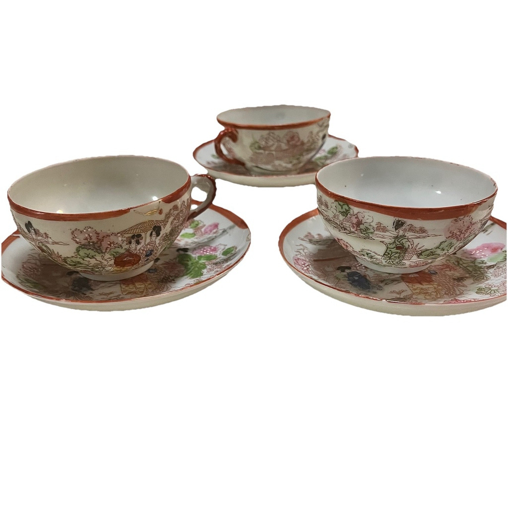 Japan Geisha Porcelain Tea Cup & Saucer Garden Scene Kutani Hand Paint set 3 Vtg